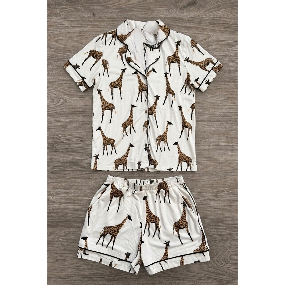 Mason Grey Giraffe Print Pajama Lounge Set Shorts Top Cream Womens Small